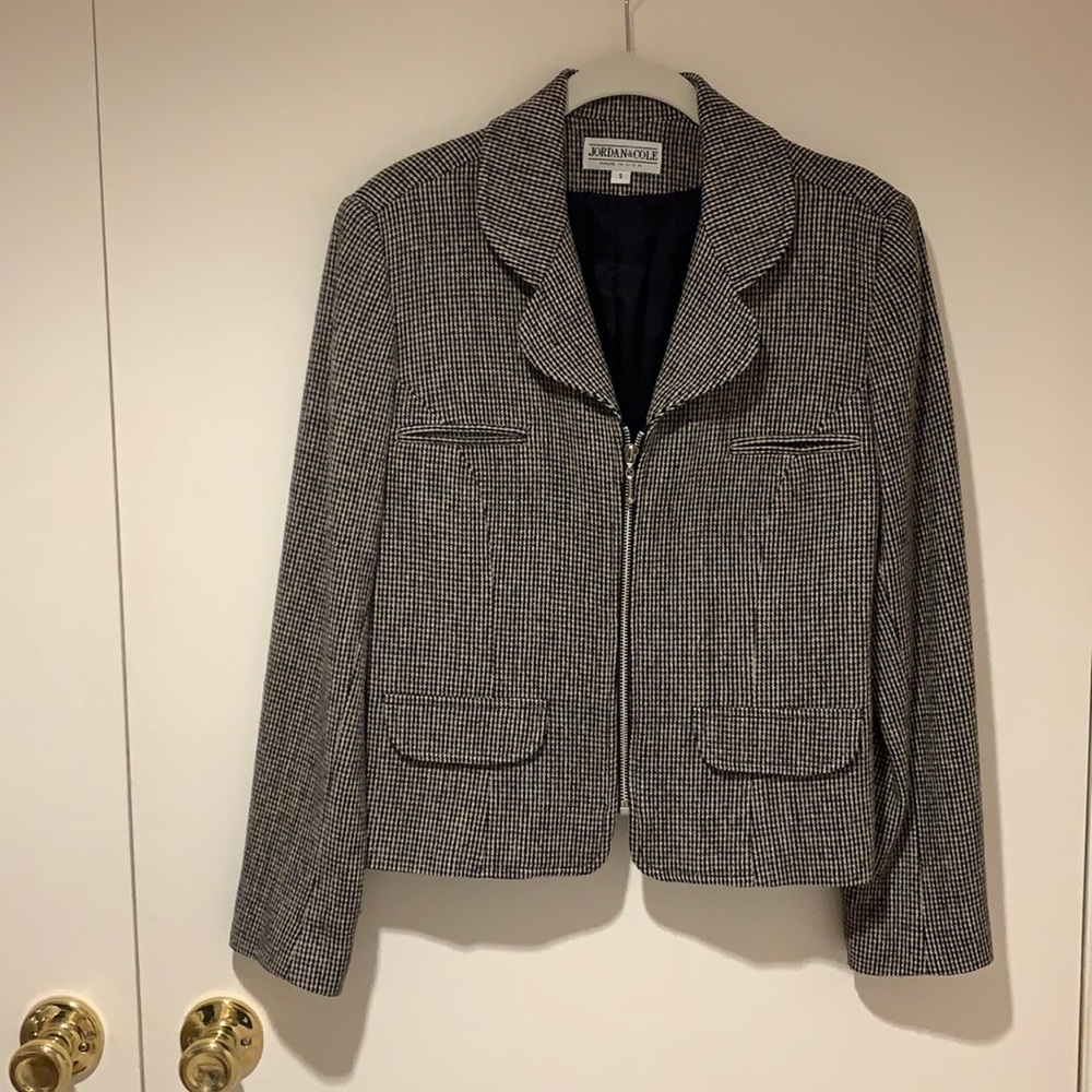 Houndstooth check wool jacket with zipper